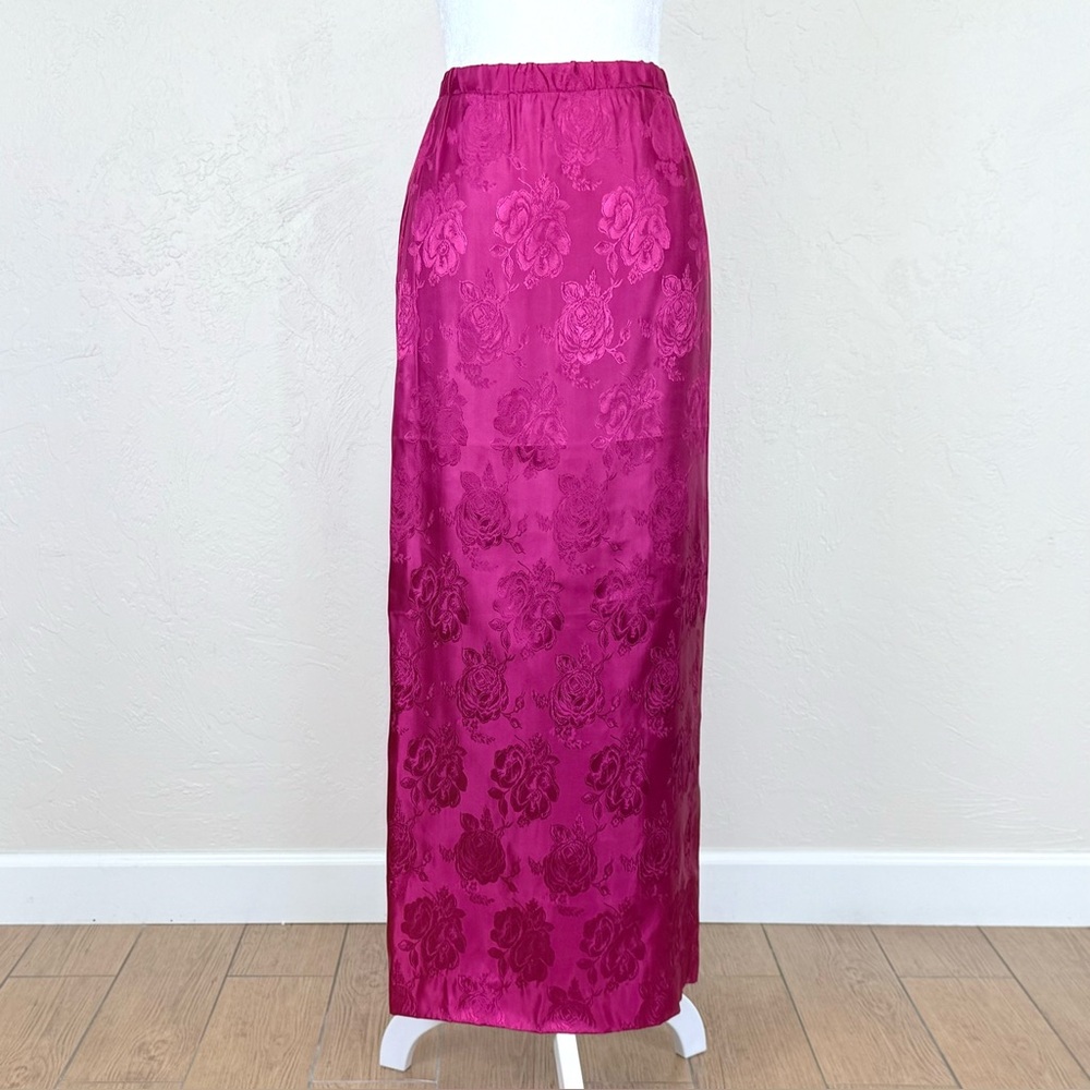Vintage 1960s Rose Jacquard Satin Full Length Wiggle Skirt in Berry Pink XS